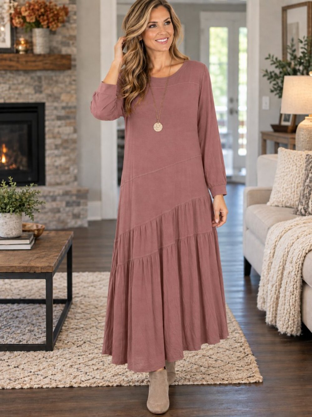 FREE PEOPLE BEACH Rose Pink Midi Dress Long Button Slves & Asymetrical Hem NWT S